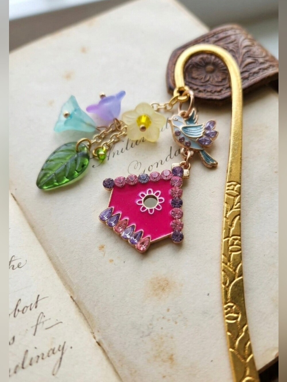 Decorative Pink Birdhouse Charm Bookmark with Floral Accents